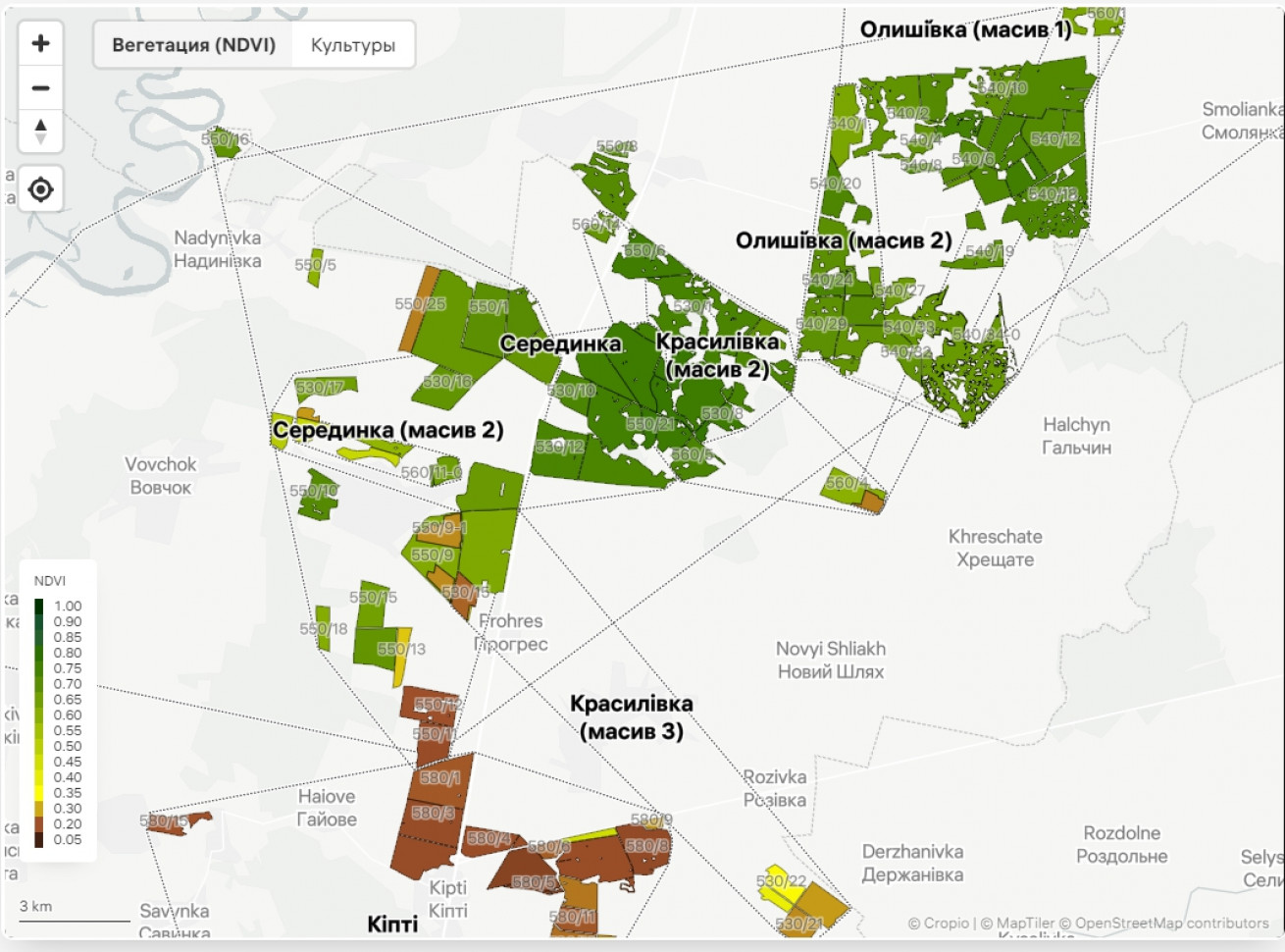  NDVI посівів дає змогу визначити проблемні ділянки